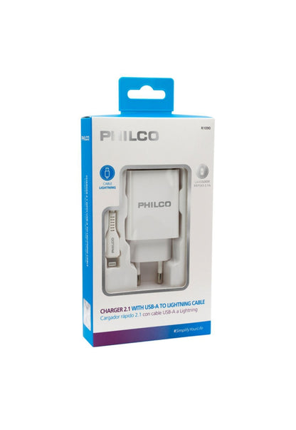 CARGADOR DE PARED 2.1 A DOBLE USB C/CABLE IPHONE R1090 BLANCO