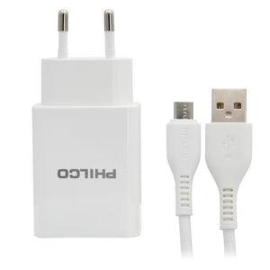 CARG. DE PARED 2.1 A DOBLE USB C/CABLE MICRO R2100 BLANCO