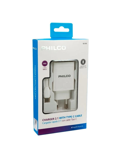 CARG. DE PARED 2.1 A DOBLE USB C/CABLE TIPO C R2109 BLANCO